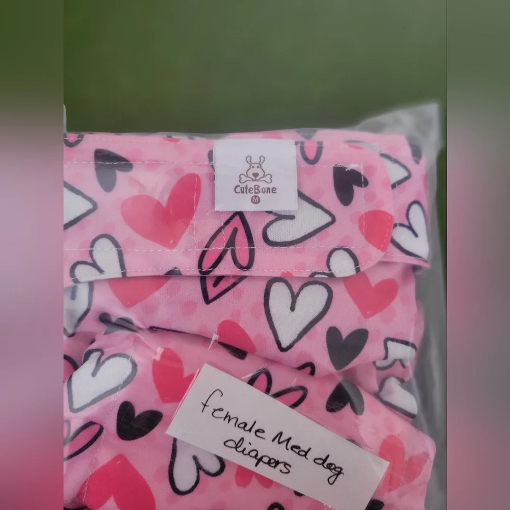 New CuteBone Heart Print Female Dog Reusable Washable Diapers Set X3 No Tail